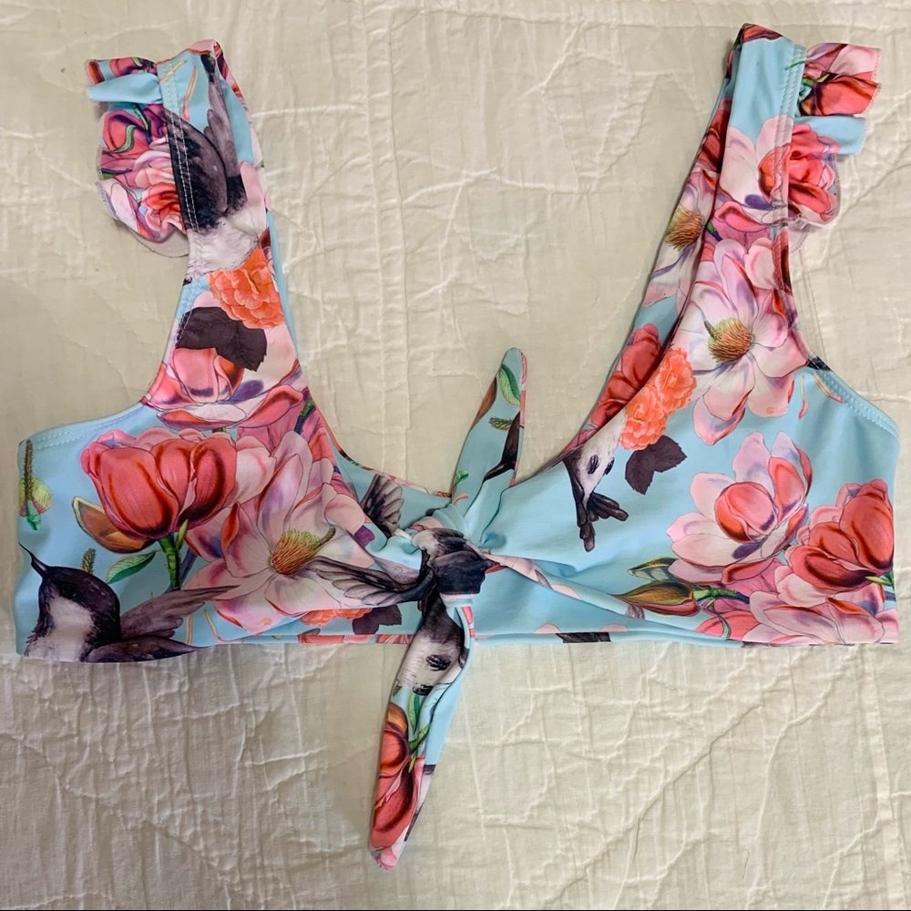 Feminine Floral Bikini Top Blue Hummingbird